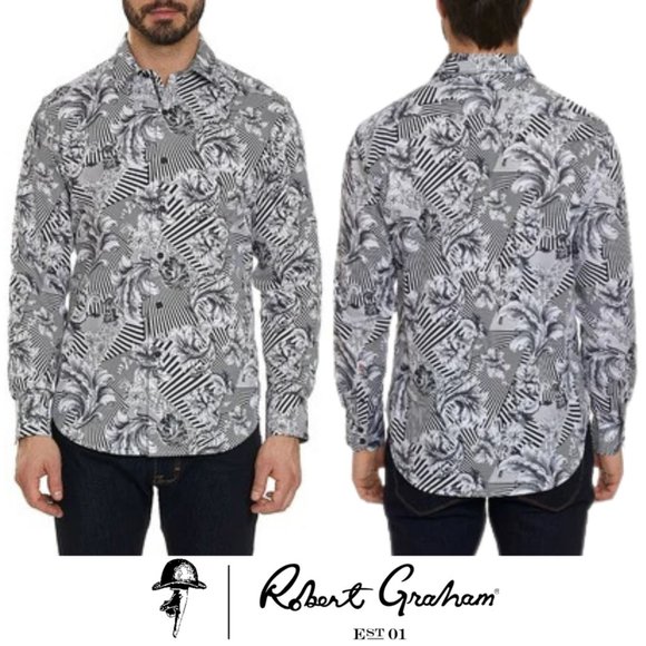 ROBERT GRAHAM : BELLAMY Black & White Abstract Men's Long Sleeve Shirt 1XLT